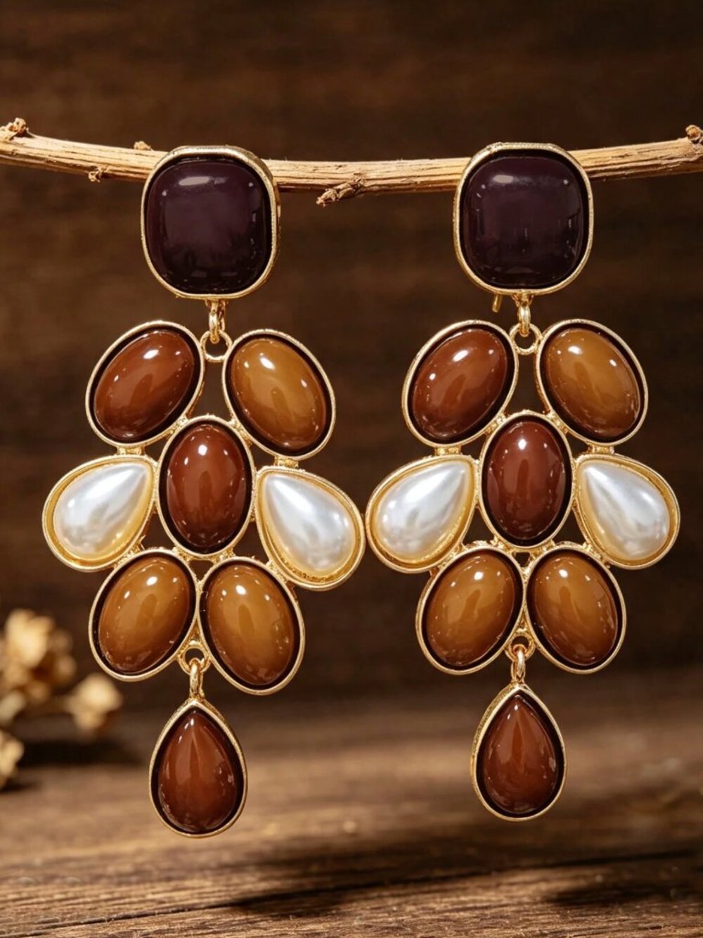 Vintage Glamorous Coffee Brown Floral Cluster Pendant Earrings
